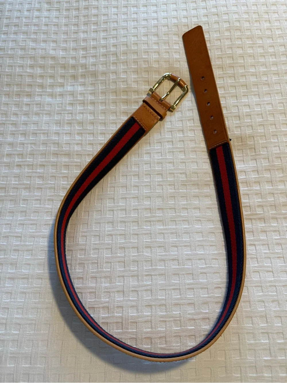 Michael Kors Gold Tone Buckle with Tan Leather blue and red stripe Accents